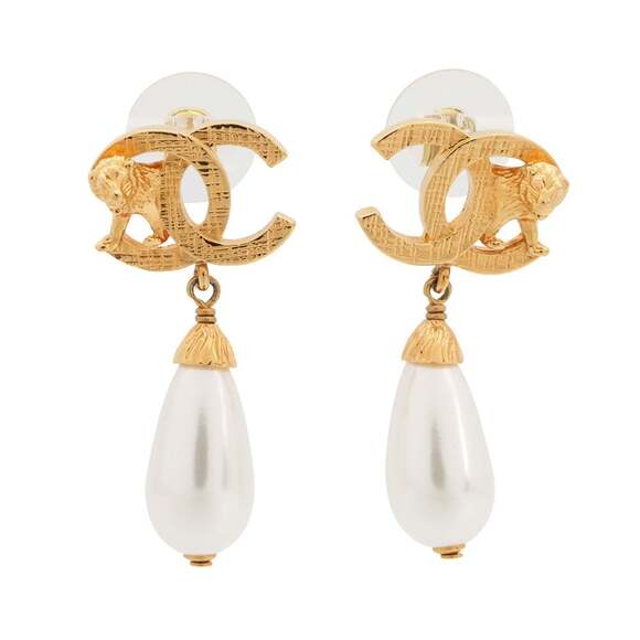 CHANEL Gold Pearl Logo Earrings